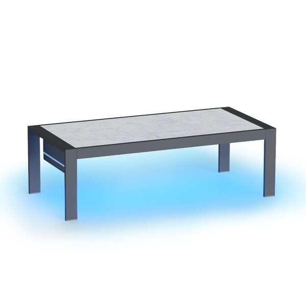 Aluminum Outdoor Coffee Table with LED Light and Marble Pattern Aluminum Table Top 48' L X 23.6'' W