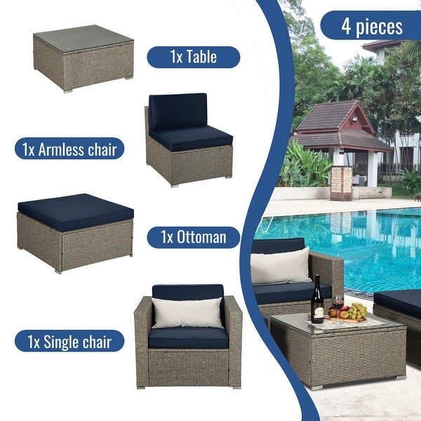 4-Piece PE Rattan Wicker Outdoor Sectional Cushioned Sofa Sets with Coffee Table and 1 Pillow - Overstock - 35972616