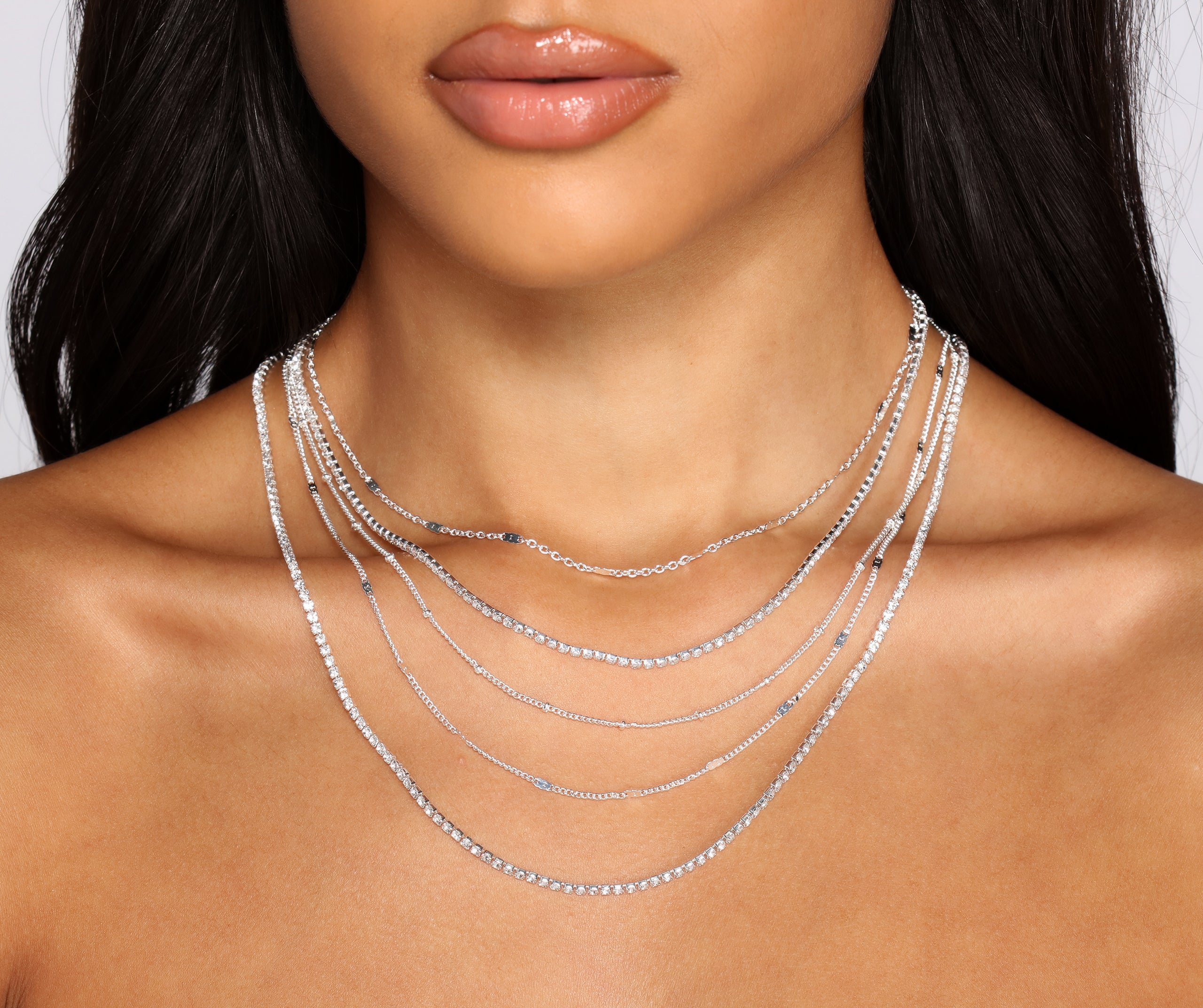 Dainty Layers Rhinestone Chainlink Necklace Set