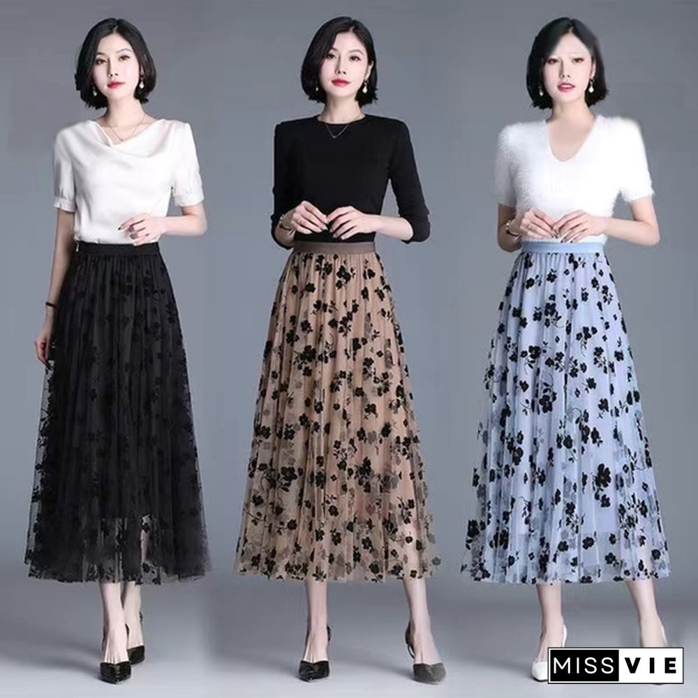 Spring Summer Women Long Maxi Pleated Skirt Midi Skirt High Waist Elascity Casual All-Match A- Line High Waist Streetwear Skirts