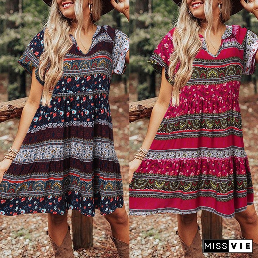 Women Short Sleeves Long Dress Summer Bohemian Floral Printed V Neck Party Casual Loose Pleated A Line Midi Dress Plus Size