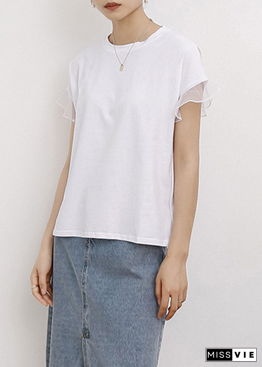 White O-Neck Ruffled Cotton T Shirt Short Sleeve