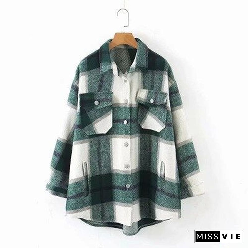 Autumn Winter Plaid Jacket Wool Blend Coat Fashion Button Long Sleeve Coat Casual Office Warm Overshirt Ladies Jackets Chic Tops