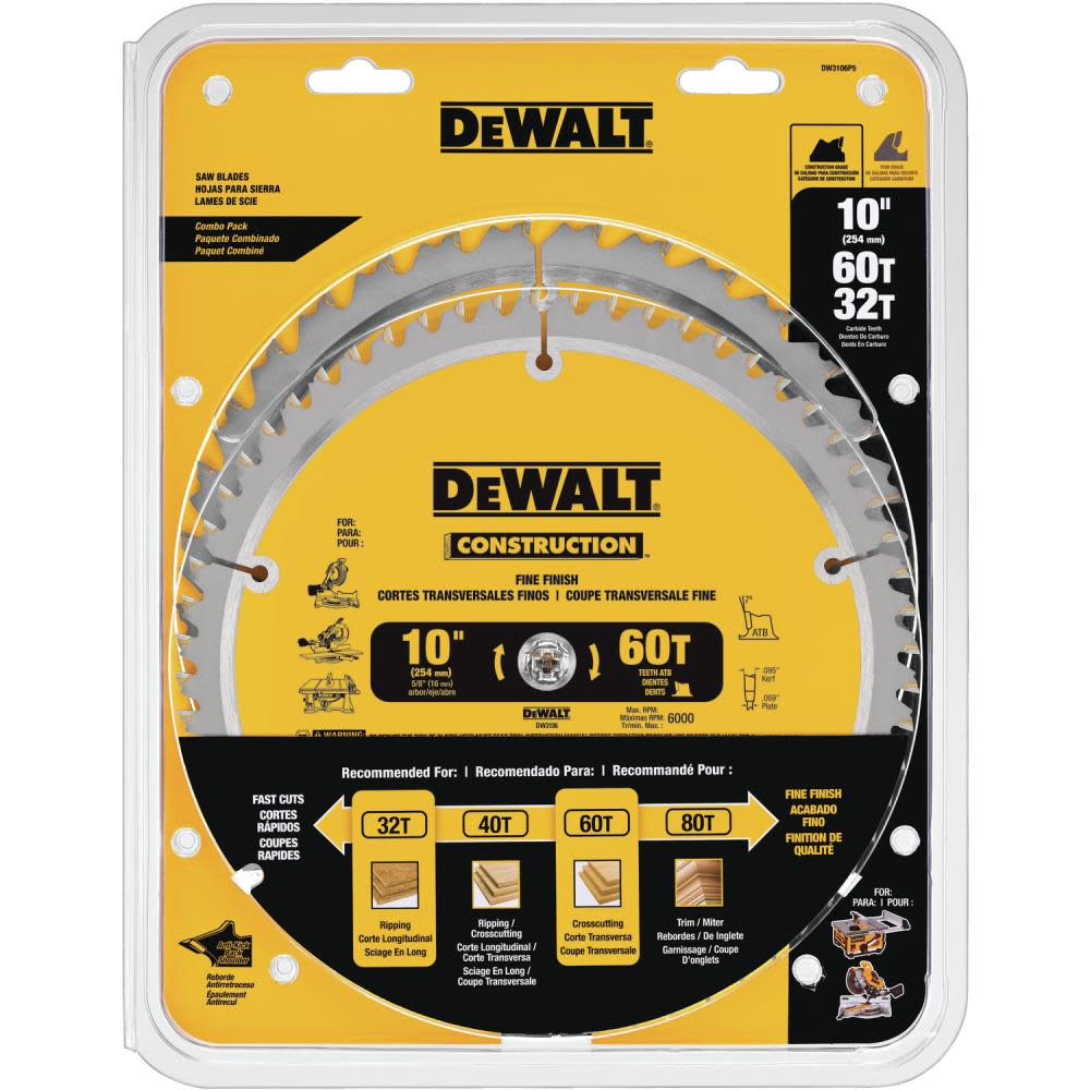 DEWALT DW 10-in 60T and 10-in 32T Saw Blade DW3106P5 from DEWALT