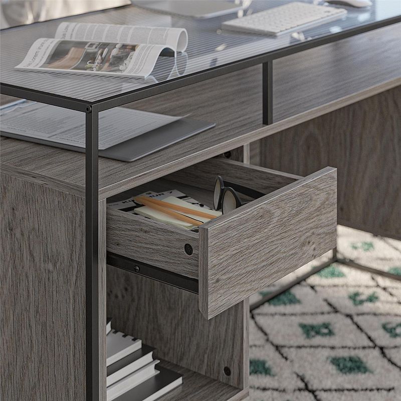 Ameriwood Home Camley Modern Desk with Fluted Glass Top and 2 Drawers