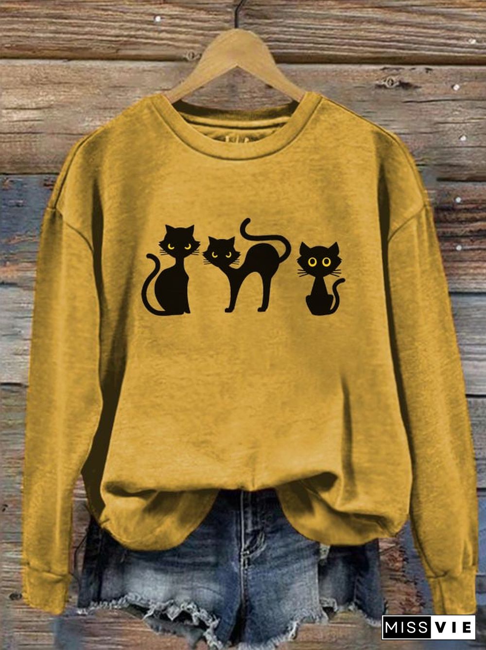 Women's Halloween Cat Print Crew Neck Sweatshirt