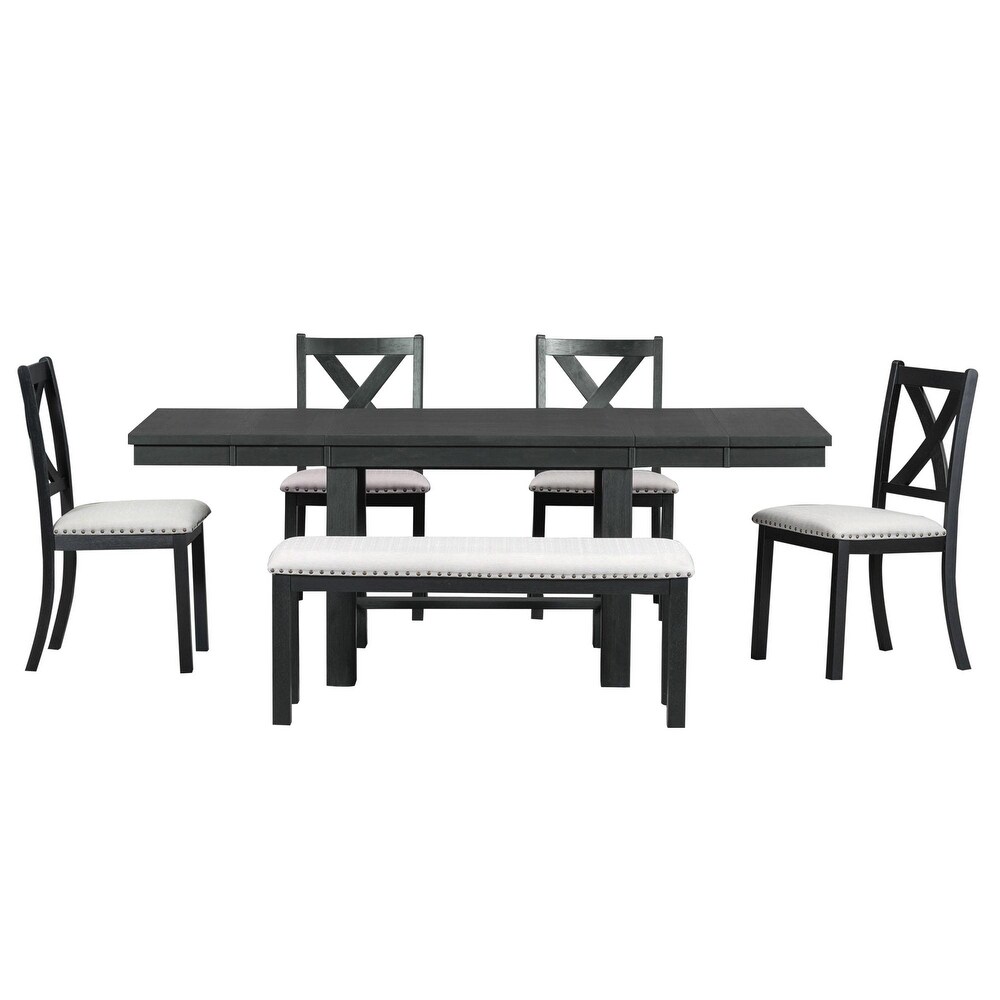 Extendable Dining Table Set with Chairs  Bench  and Footrest (6 Piece)