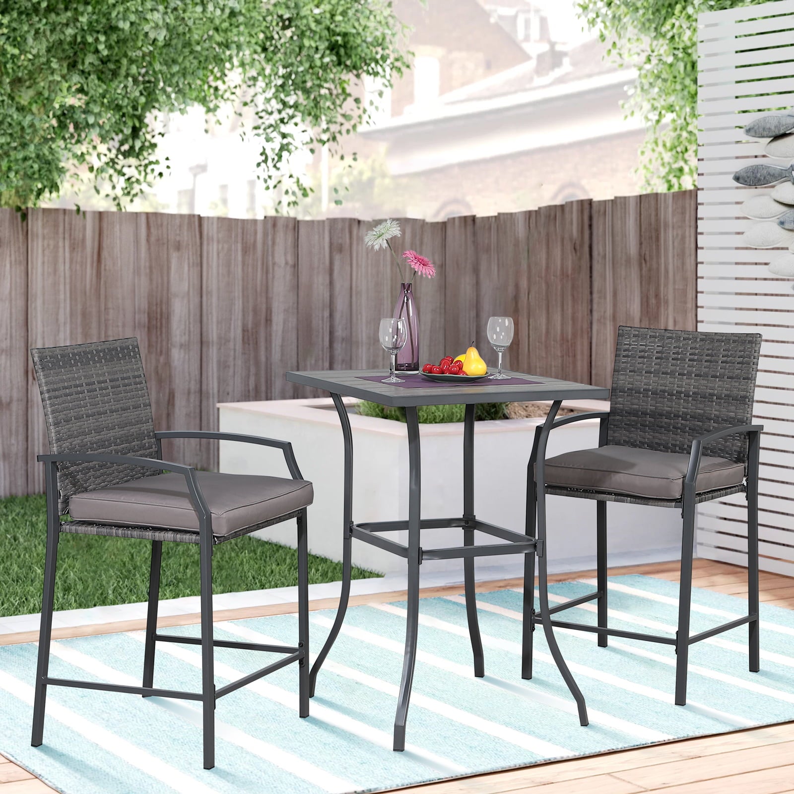 OC Orange-Casual Patio Bar Set， All-Weather Wicker， 2 Height Rattan Bar Stools with Wood Grain Top Coffee Table， for Porch， Garden， Bistro， Grey Cushion， 3-Piece