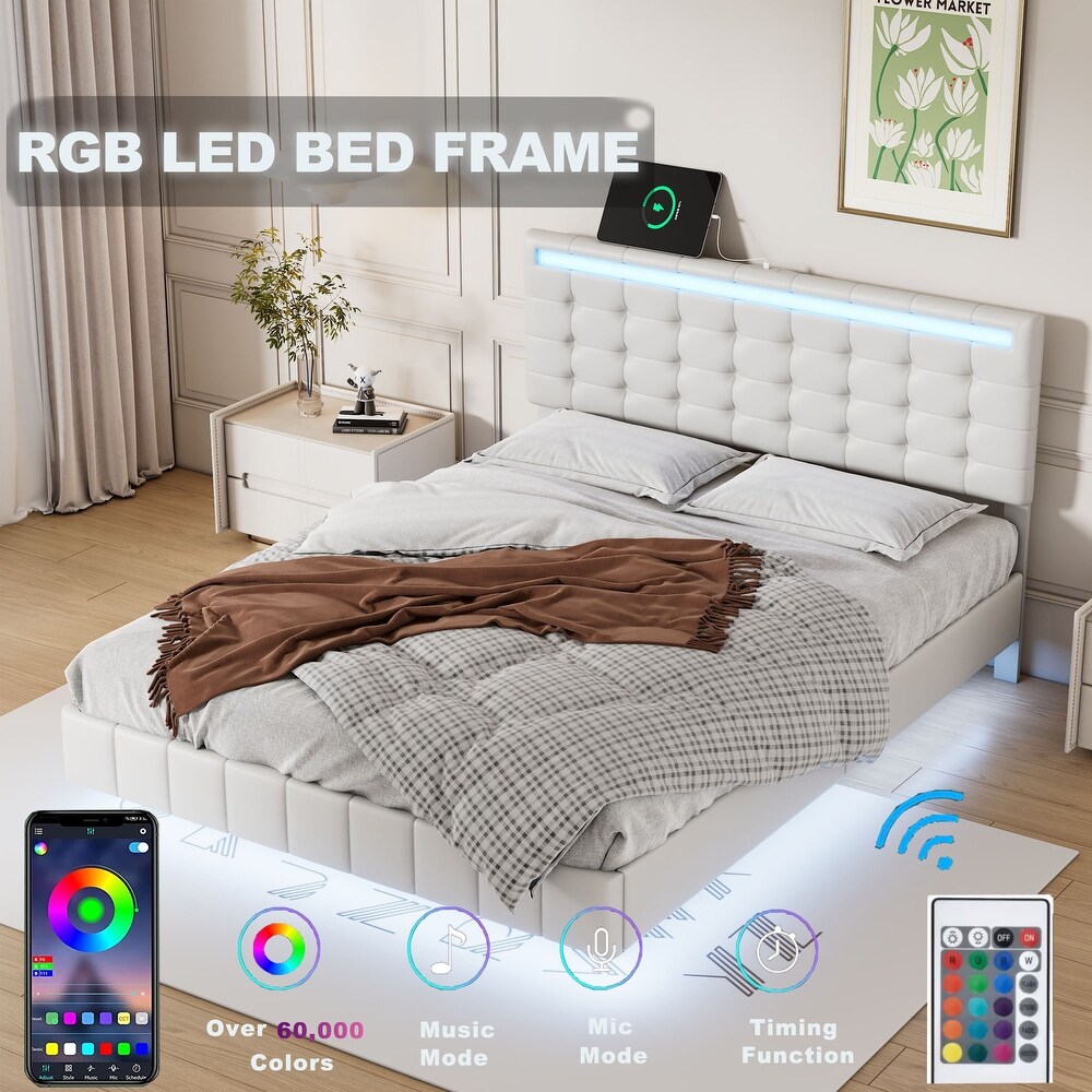 Floating Bed Frame with LED Lights and USB Charging Modern Upholstered Platform LED Bed Frame