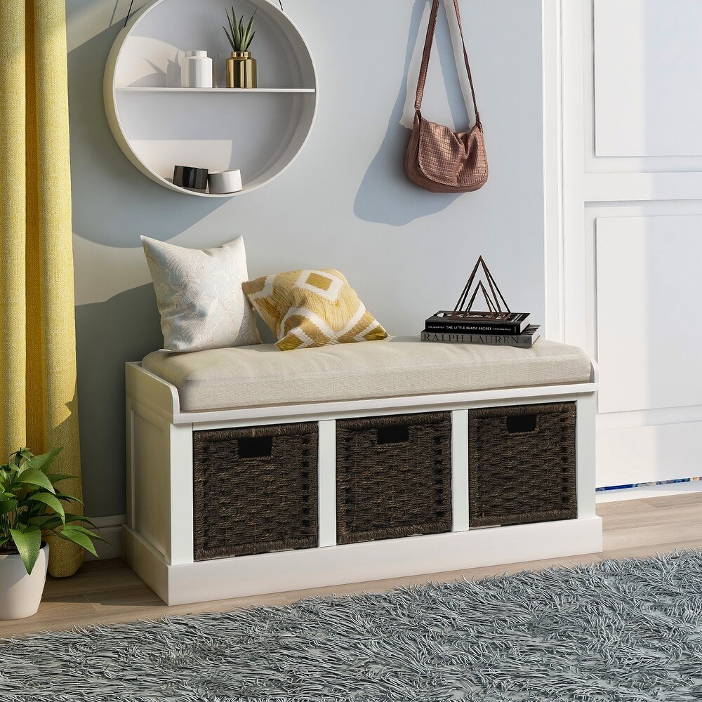 Storage Bench Wicker Footstool Bench with 3 Woven Baskets and Removable Cushion  Wood Entryway Shoe Bench for Entryway  White