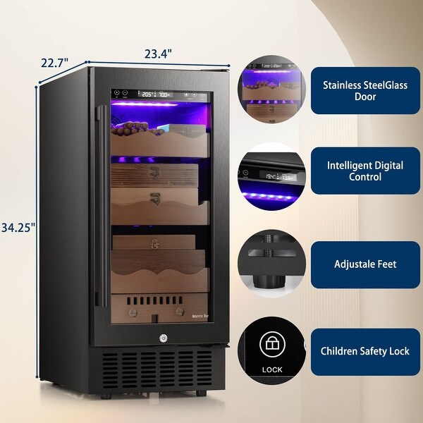 15'' Cooler Humdior，Electronic Touch Stainless Humidity Temperature Control Built-in Glass Door With 3 Wooden Trays - 15inch