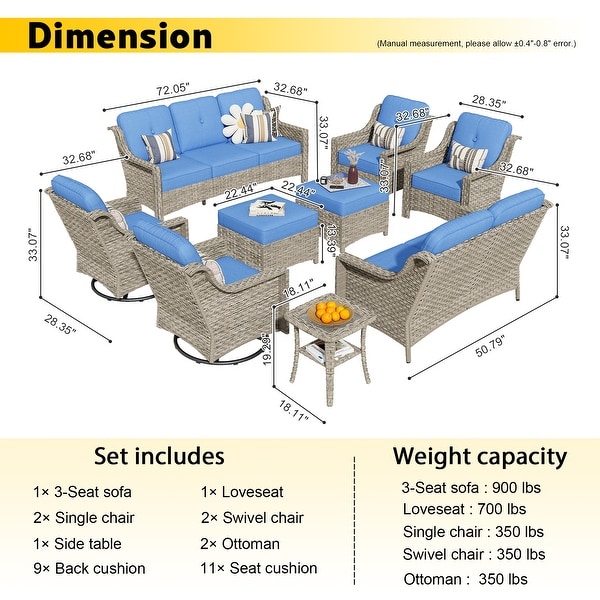 HOOOWOOO 9piece Patio Wicker Furniture Conversation Set with Swivel Chair and Loveseat Sofa