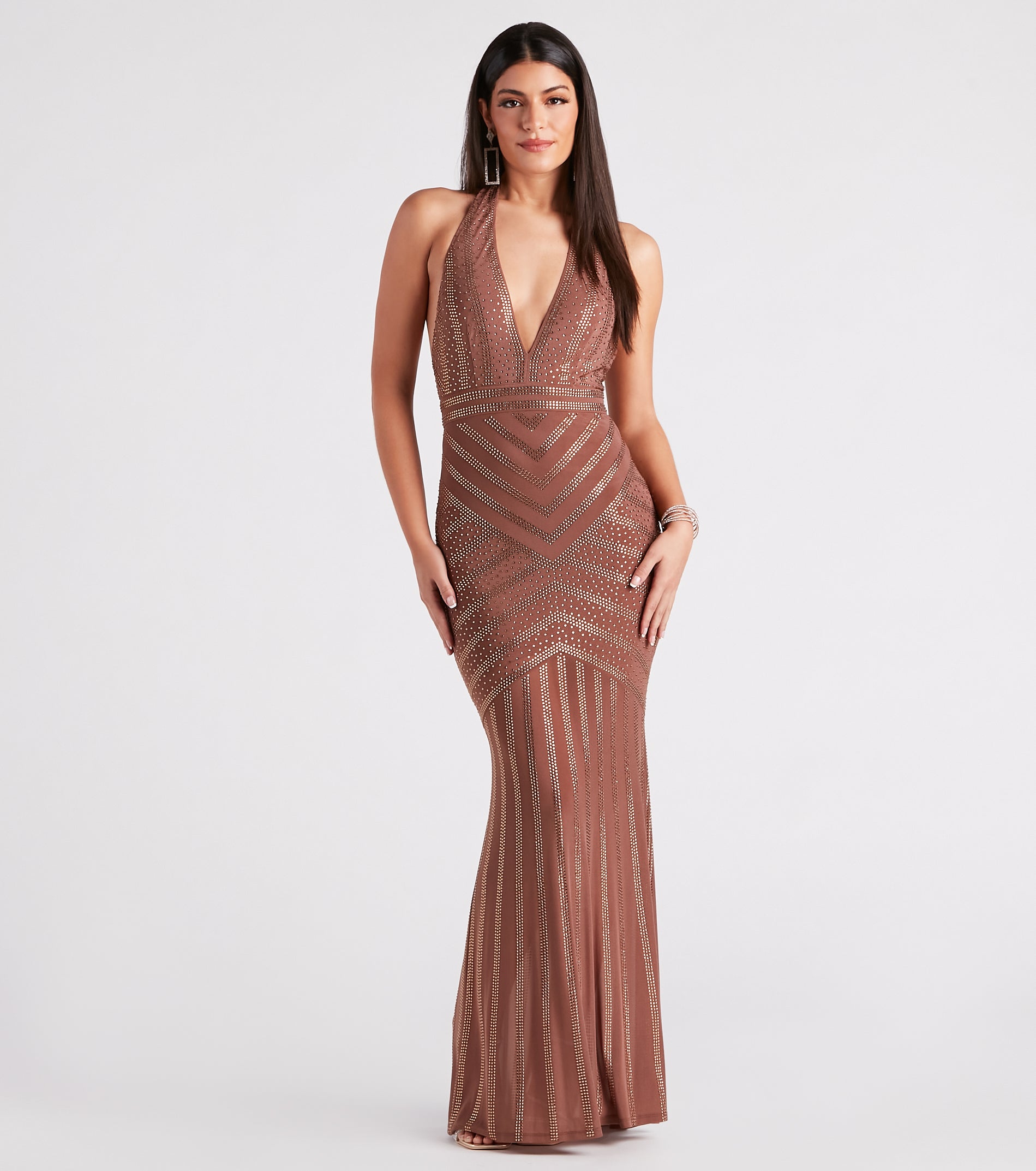 Miriam Rhinestone Plunging Halter Mermaid Dress