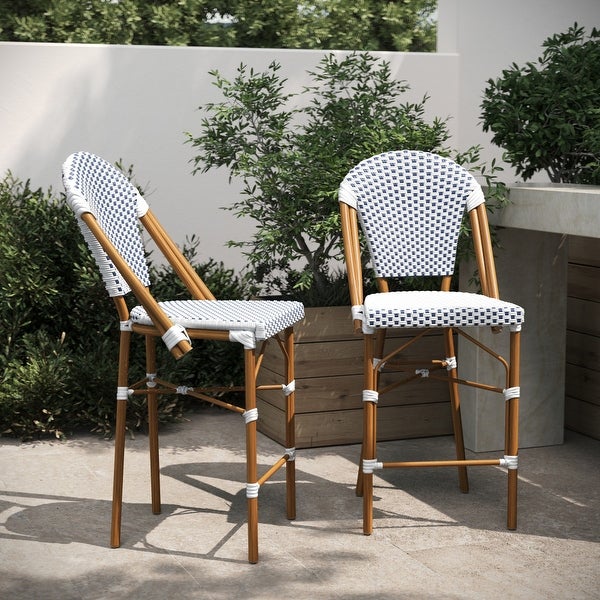 2 Pack All-Weather Commercial Paris Stools with Bamboo Print Frame