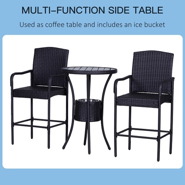 3 Pieces Rattan Wicker Bar Set with Ice Buckets，1 Bar Table and 2 Bar Stools for Poolside，Backyard，Porches