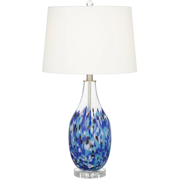 Tall Blue Art Glass White Fabric Drum Shade For Bedroom Living Room Bedside Nightstand Office House