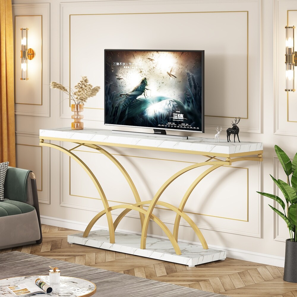 70.9'' Faux Marble Console Sofa Table with Half Moon Shaped Metal Legs for Entryway  Accent Tables for Living Room