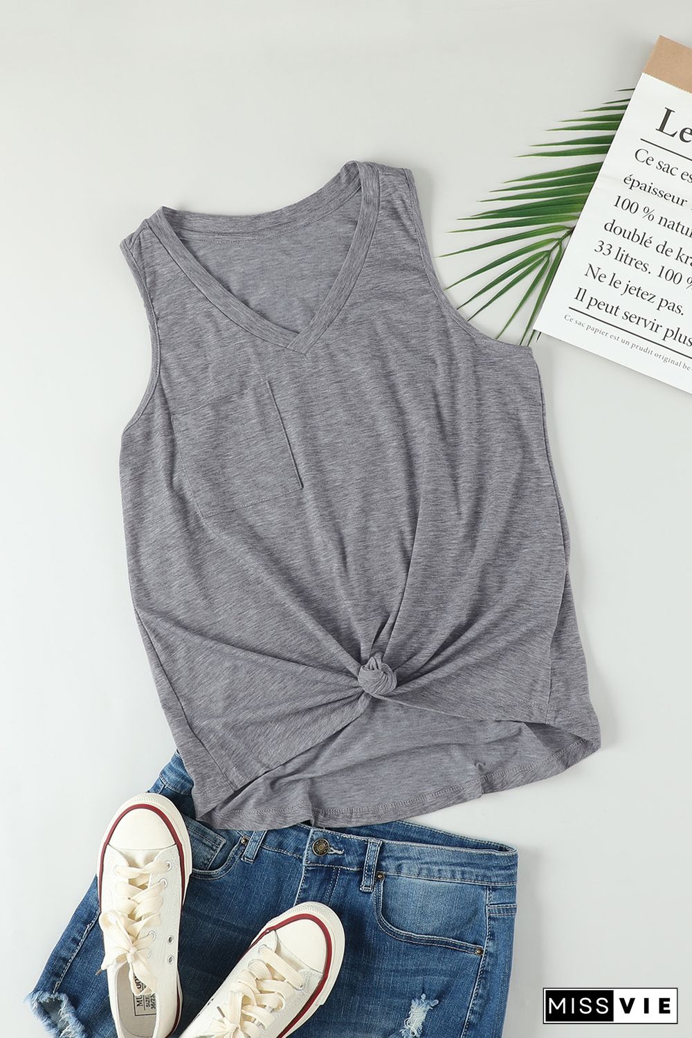 Gray V Neck Racerback Tank Top with Pocket