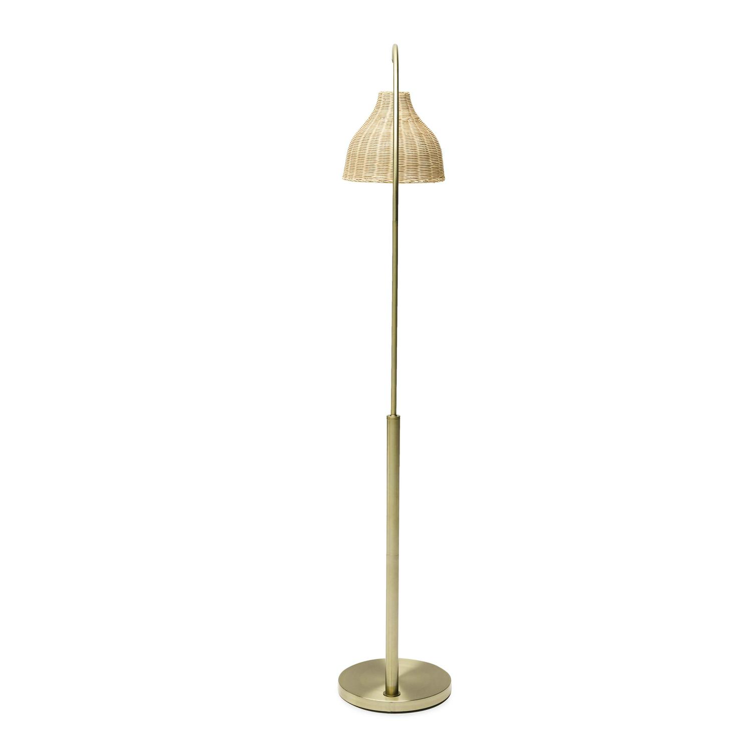 Arch Floor Lamp with Rattan Shade by Drew Barrymore Flower Home， Antique Brass