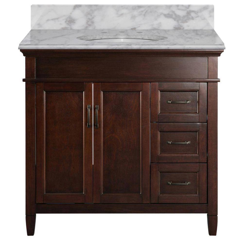 Home Decorators Collection Ashburn 37 in. W x 22 in. D Bath Vanity in Mahogany RH Drawers with Marble Vanity Top in Carrara with White Oval Sink ASGA3621DR-CAR