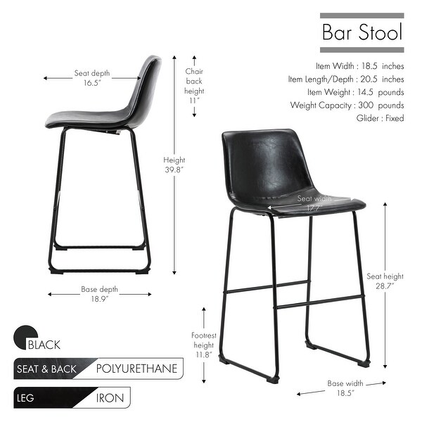 Porthos Home Enva Counter and Bar Stools Set of 2， PU Leather， Iron Sled Legs