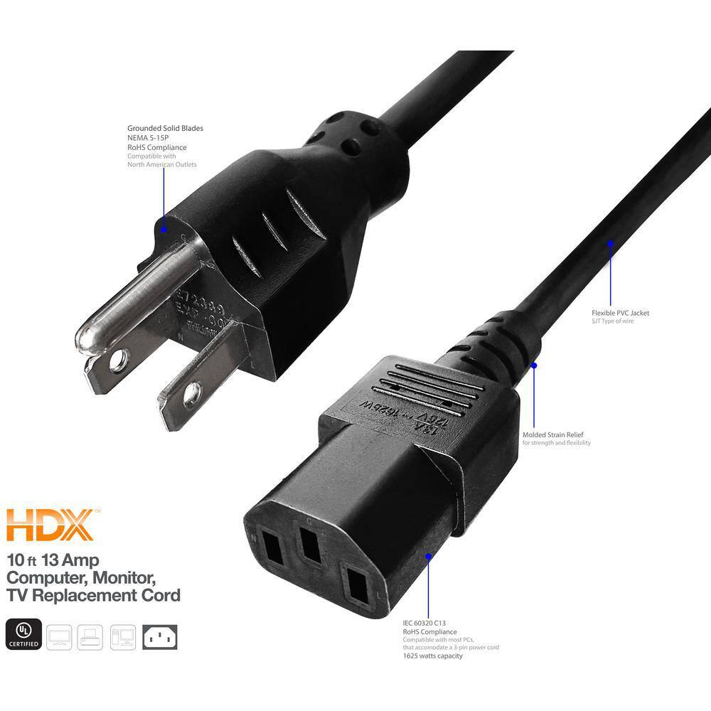 HDX 10 ft. 163 Light Duty Computer Monitor TV Replacement Cord Black SJT16310COMP