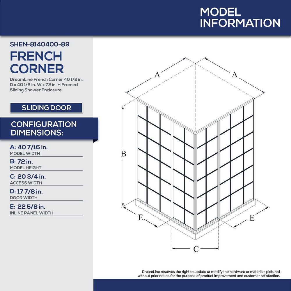 DreamLine French Corner 40 1/2 in. D x 40 1/2 in. W x 72 in. H Framed Sliding Shower Enclosure   40.44\