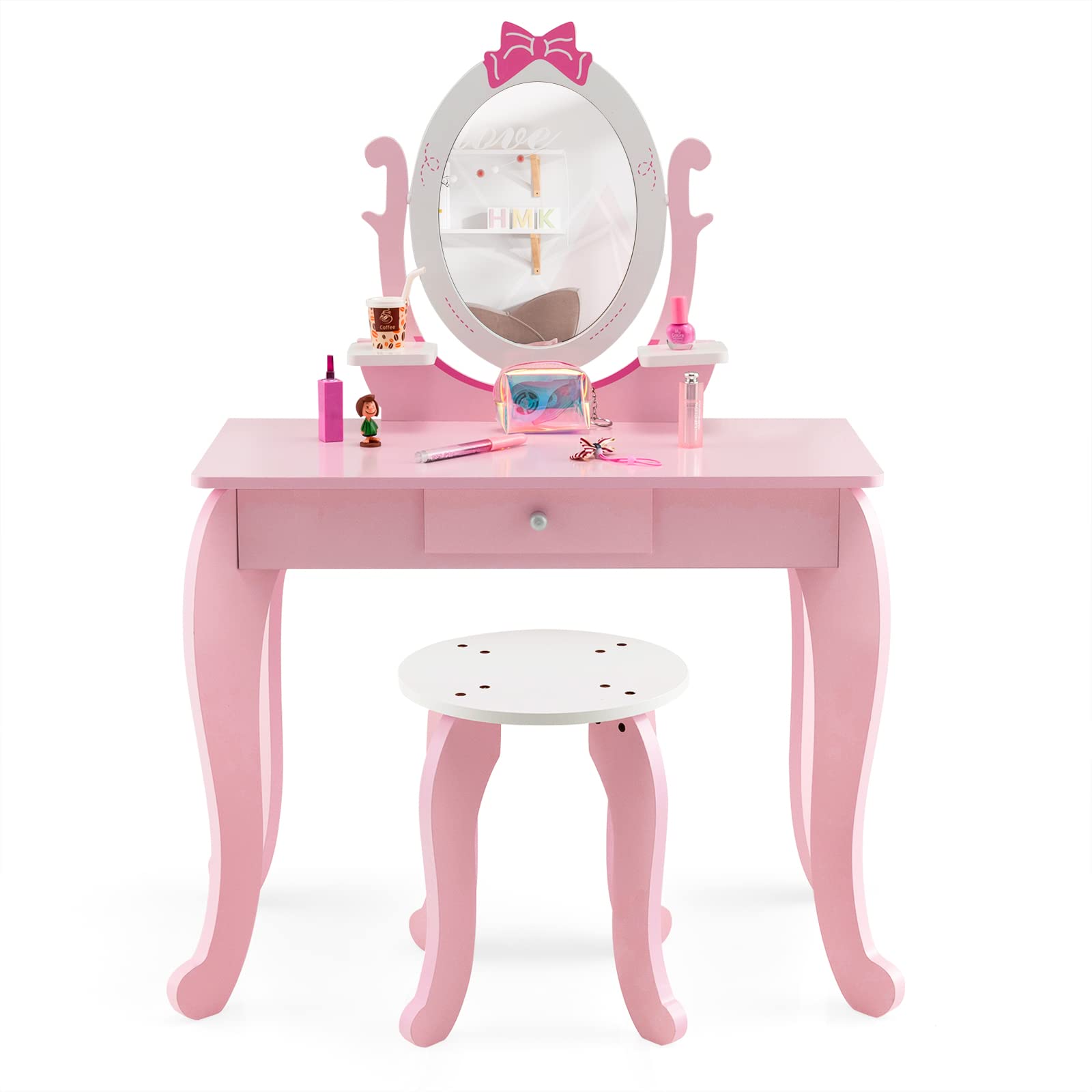 Costzon Kids Vanity Set with Mirror, 2 in 1 Princess Makeup Dressing Table