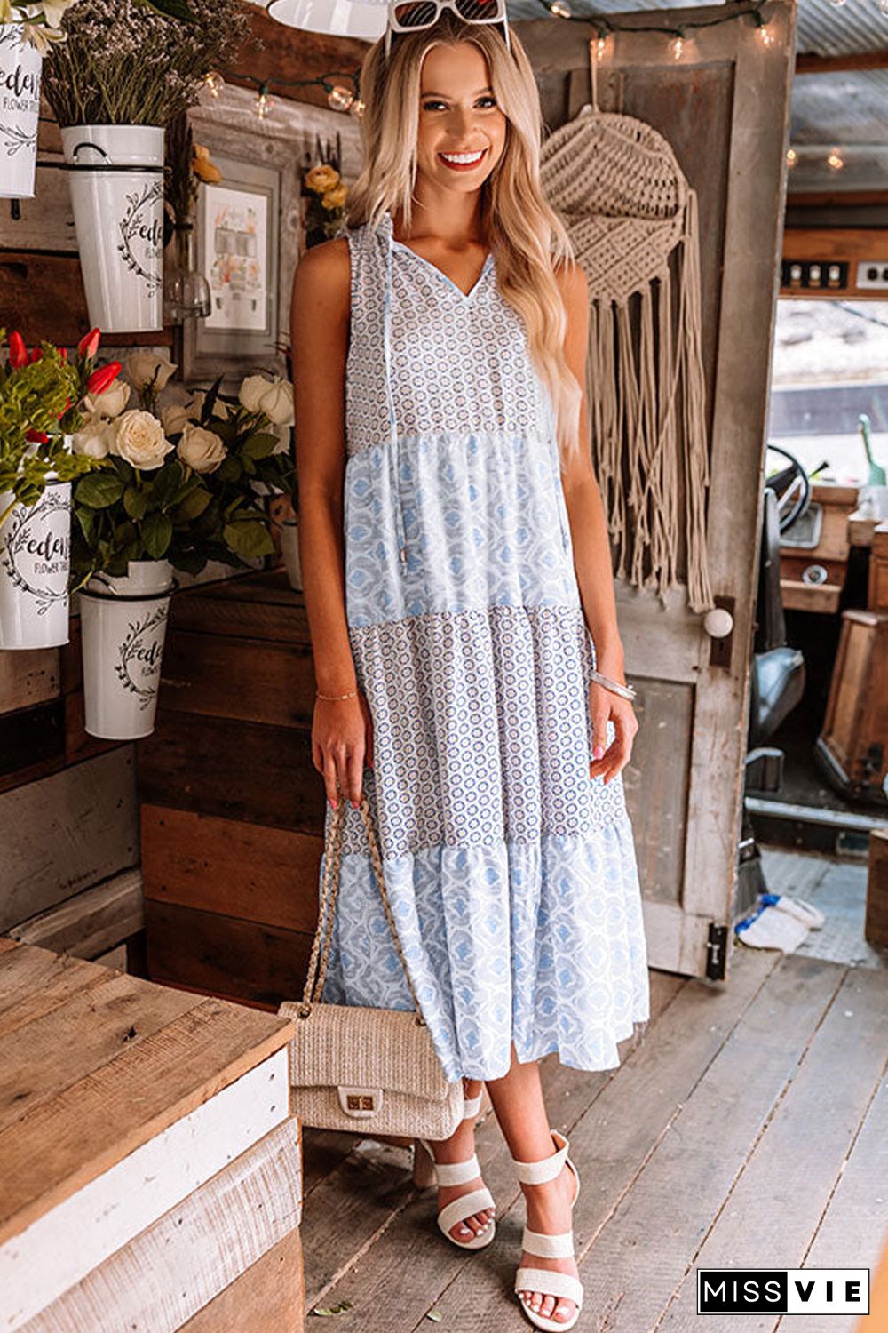 Sky Blue Abstract Print Split Neck Sleeveless Maxi Dress