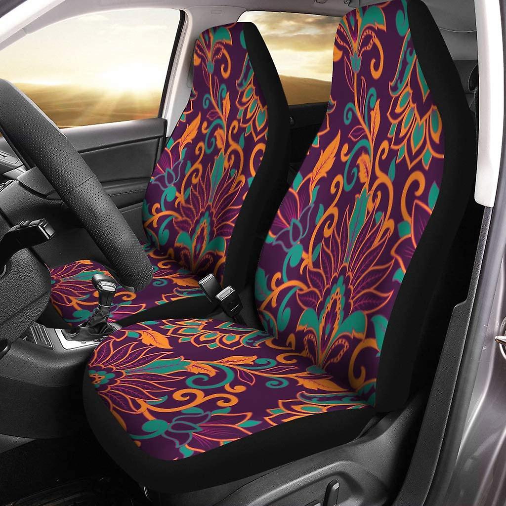 Set Of 2 Car Seat Covers Damask Floral Fantastic Flower Leaves Bohemian Batik Painting Vintage Universal Auto Front Seats Protector Fits