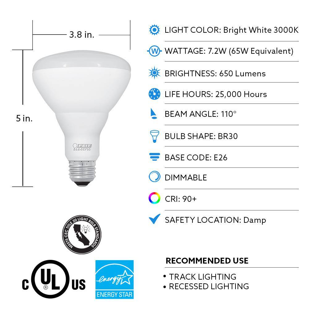 Feit Electric 65-Watt Equivalent BR30 Dimmable CEC Compliant ENERGY STAR 90+ CRI Flood LED Light Bulb Bright White 3000K (3-Pack) BR30DM930CA3