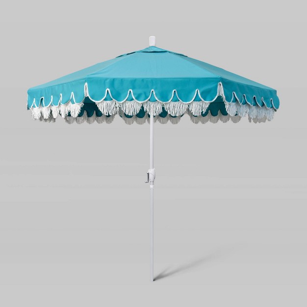 9 x27 Sunbrella Scallop Base Fringe Market Patio Umbrella With Crank Lift White Pole California Umbrella