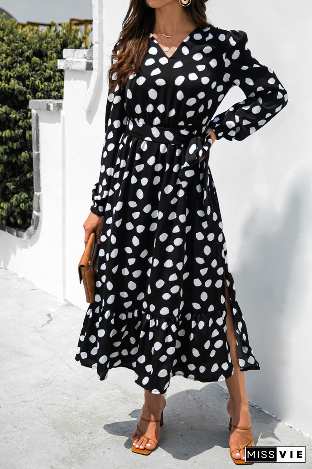 Dot Full Printed Longsleeves Split Lace-up Dress Wholesale