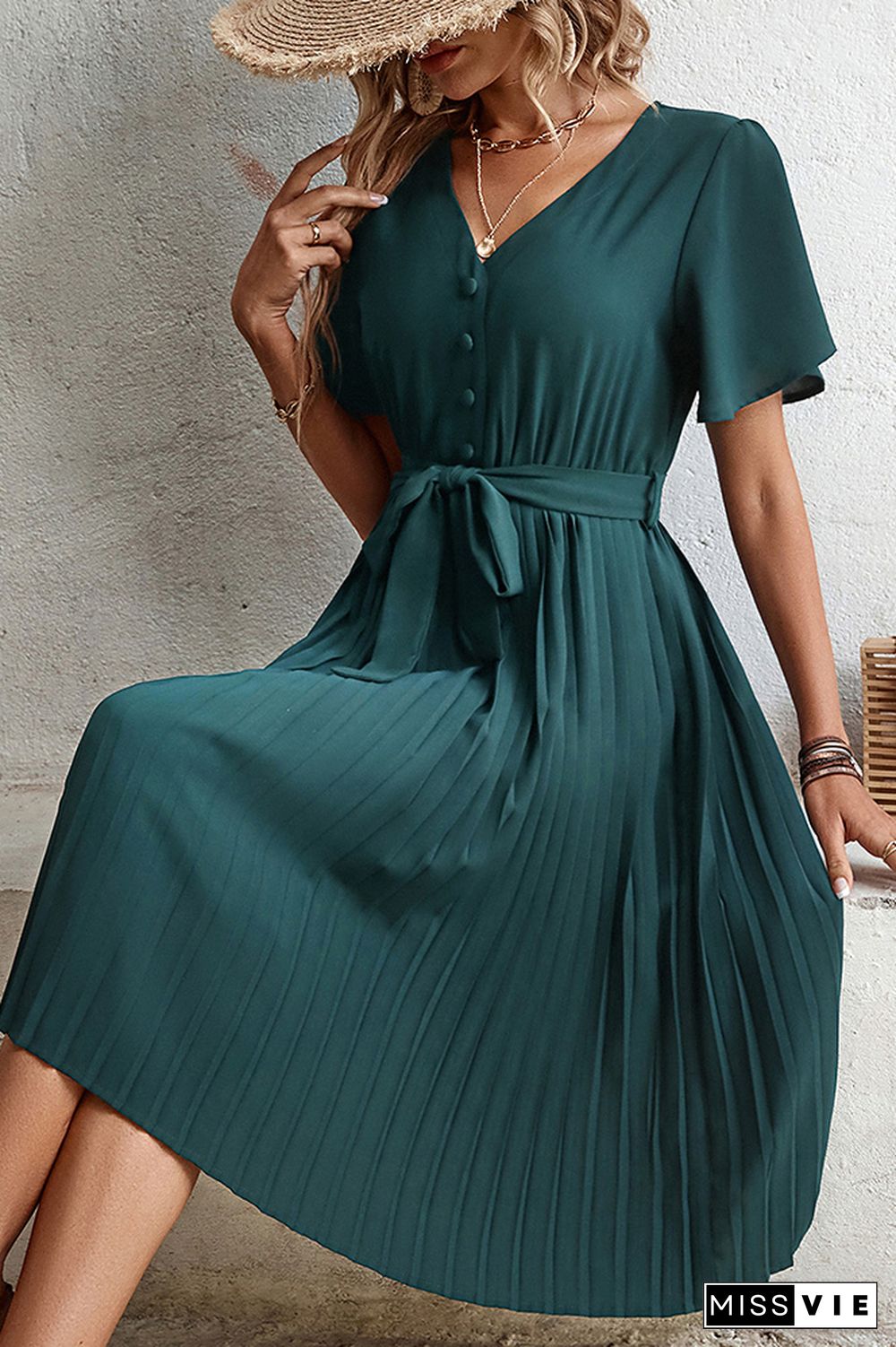 Dark Green V Neck Buttoned Pleated Midi Dress