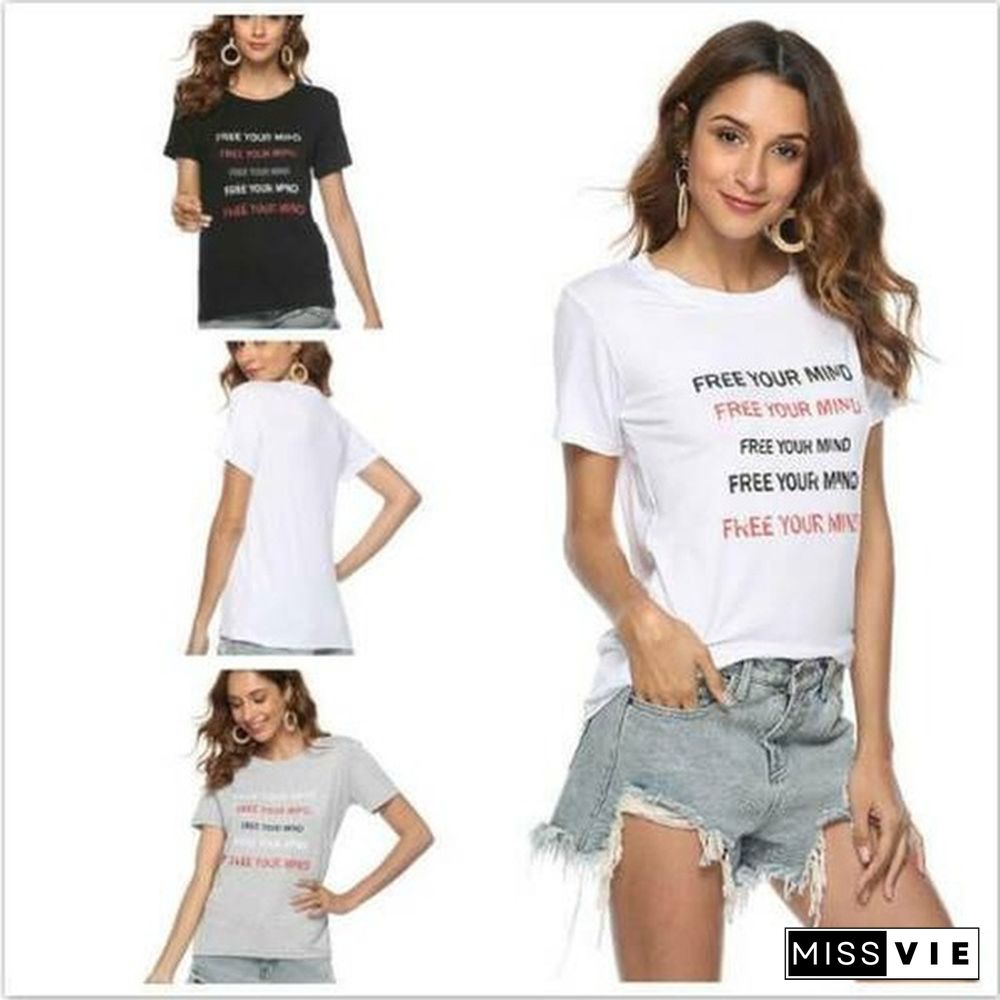 Letters Print T-shirt Women Summer Short Sleeve O-Neck Top Tees Casual T Shirt