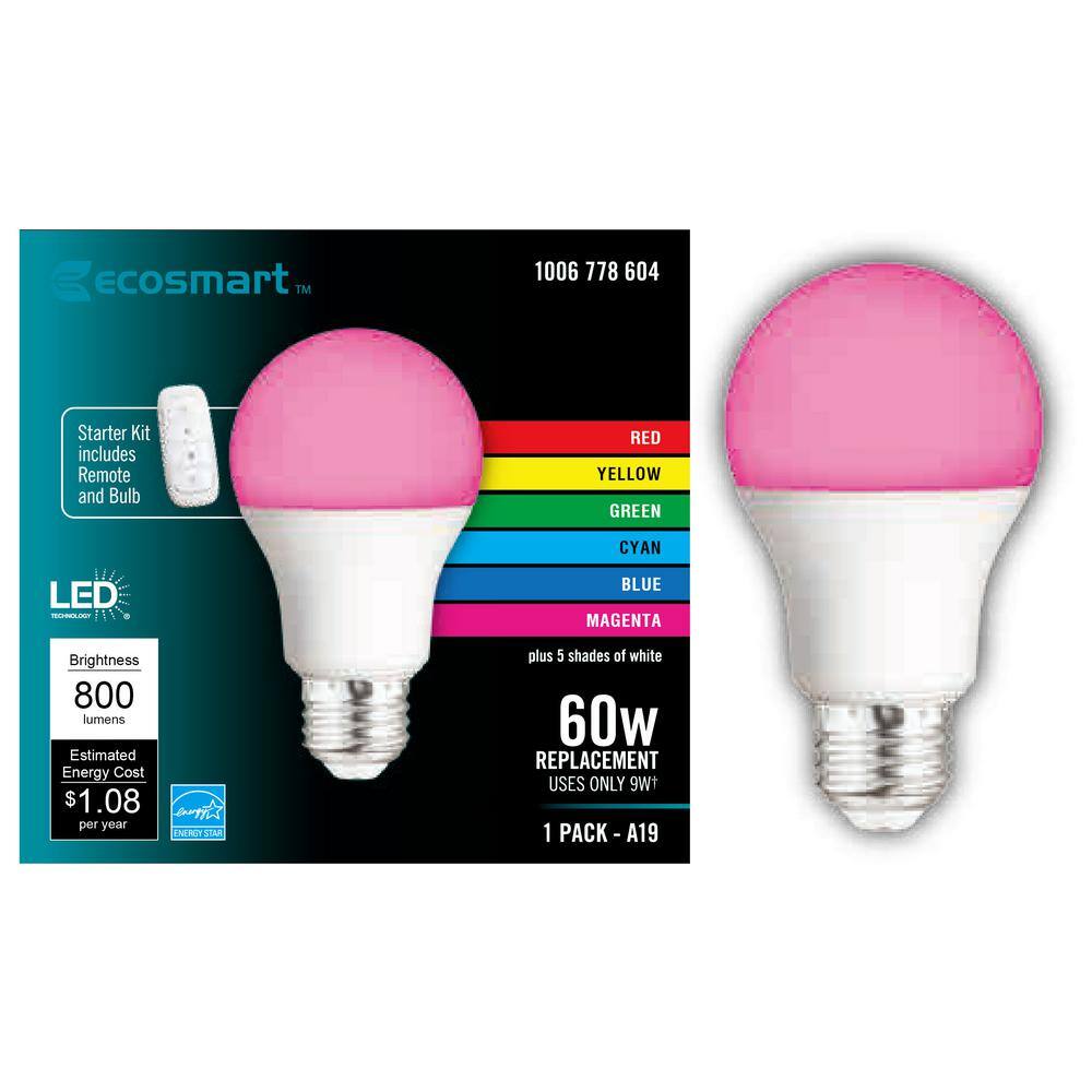 EcoSmart 60-Watt Equivalent A19 CEC Color Changing LED Party Light Bulb Starter Kit with Remote (1-Pack) 11A19060WRGBW01