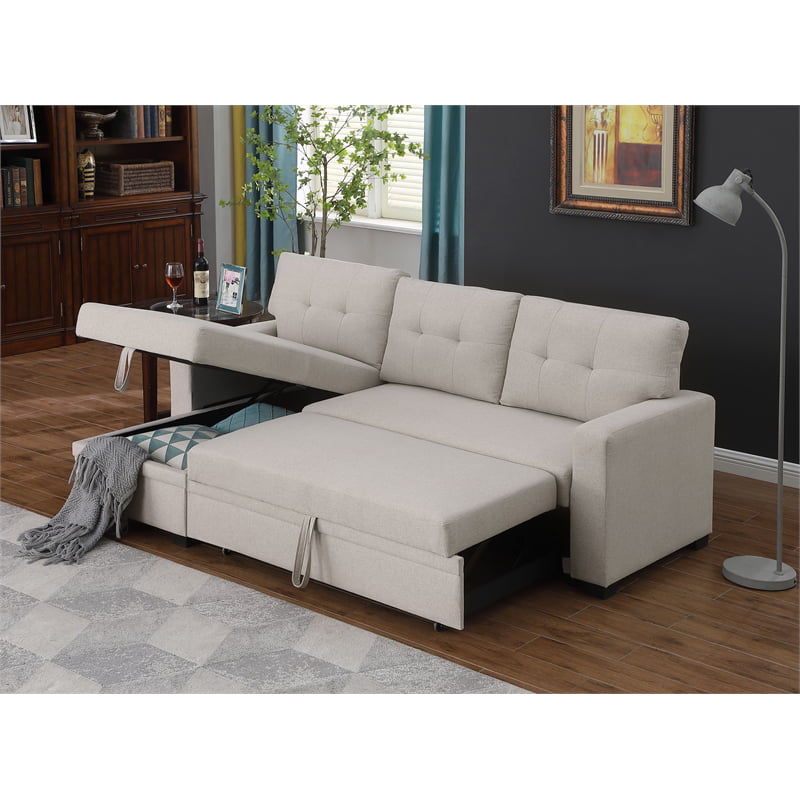 Pemberly Row Polyester Fabric Reversible Sleeper Sectional Sofa in Beige