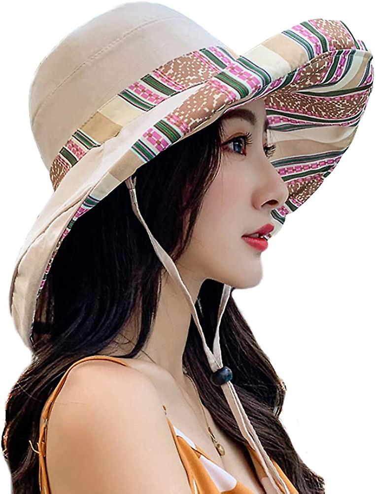 Women's Sun Hats Summer Beach Uv Protection Upf Packable Wide Brim Chin Strap，can Be Worn On Both Sides Oversized Bucket Hat