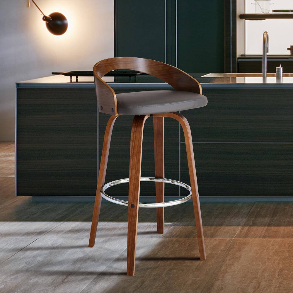 Armen Living Sonia Walnut Wood 30 in. Bar Height Bar Stool with Gray Faux Leather LCSOBAGRWA30