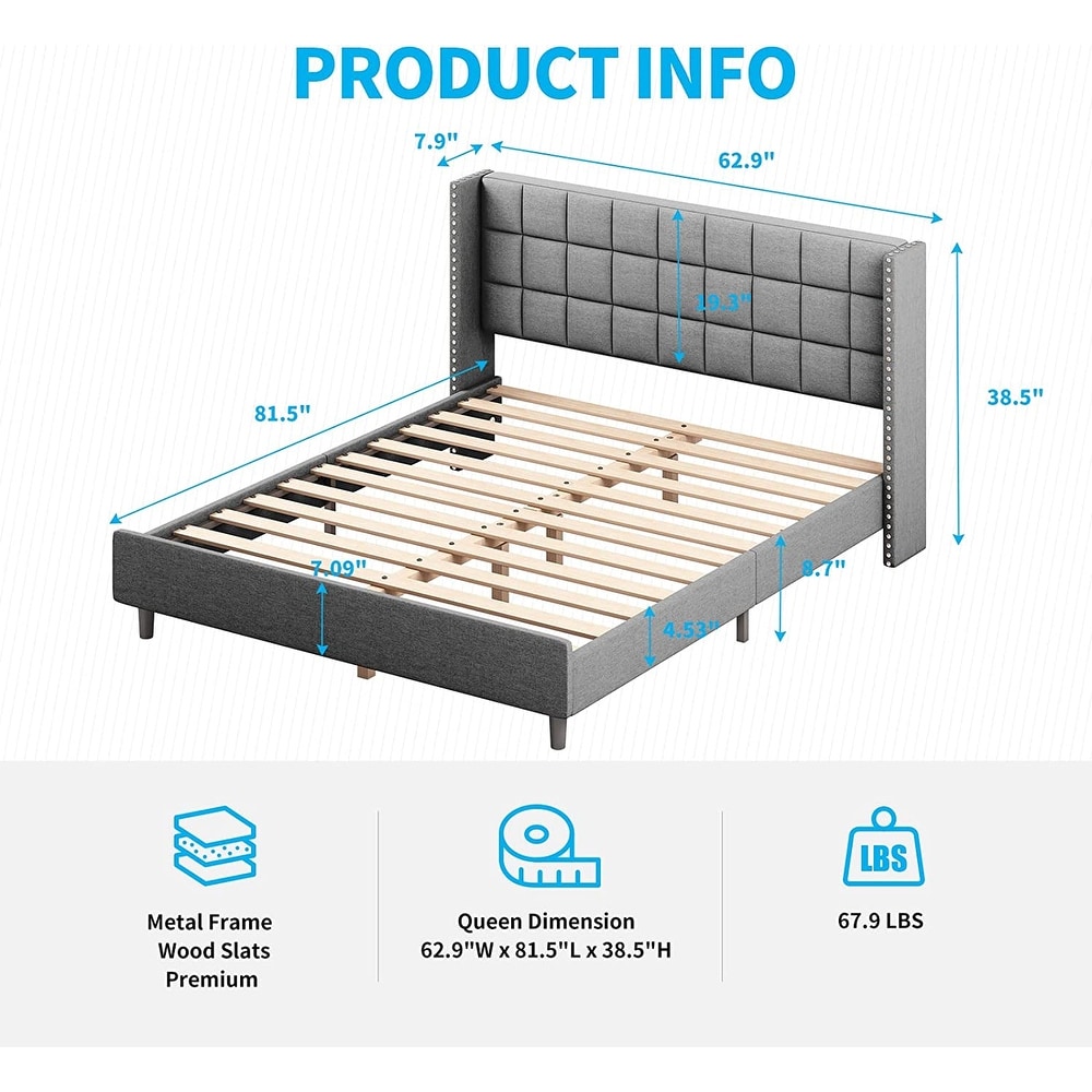 Mixoy Bed Frame  Bedroom Furniture  Premium Velvet  Wooden Bed Frame with Two Rows of Rivet Design