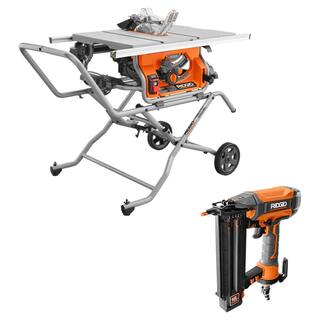 RIDGID 15 Amp 10 in. Portable Pro Jobsite Table Saw with Rolling Stand and Pneumatic 18-Gauge 2-18 in. Brad Nailer R4514-R213BNF