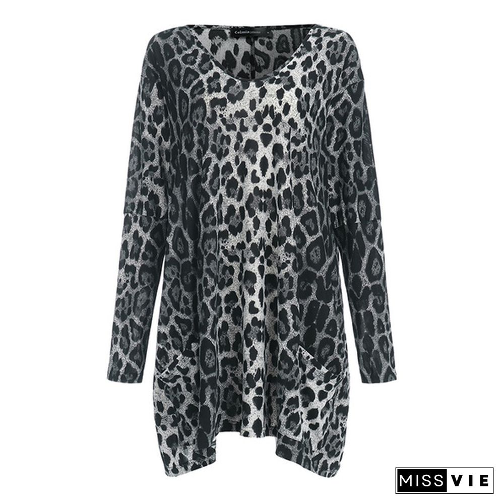 Women Autumn Fashion Sexy Leopard Print Long Sleeve T-shirt V Neck Shirt Irregular Hem Pockets Tunic Tops Blouses