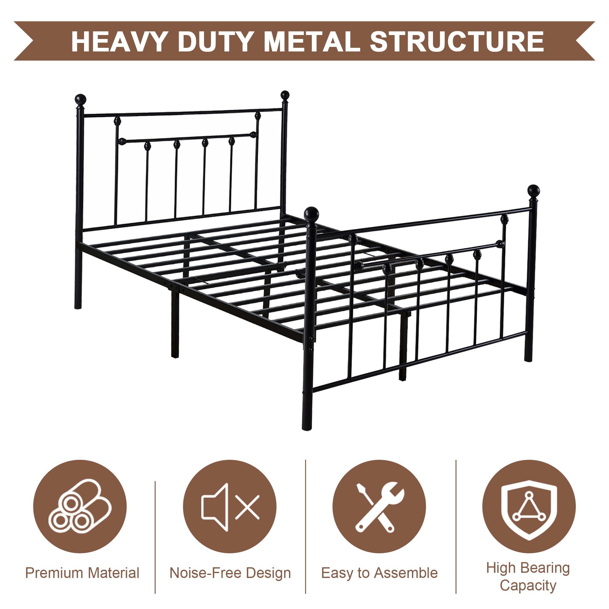 VECELO Metal Bed Platform Frame with Headboard and Footboard, Mattress Foundation, Queen Size, Black