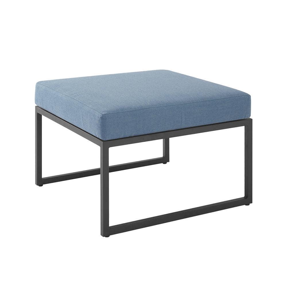 Welwick Designs Metal Modern Outdoor Patio Ottoman with Blue Cushion