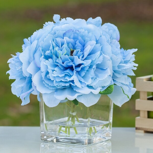 Enova Home Artificial Silk Peony Fake Flowers Arrangement in Cube Glass Vase with Faux Water for Home Wedding Decoration