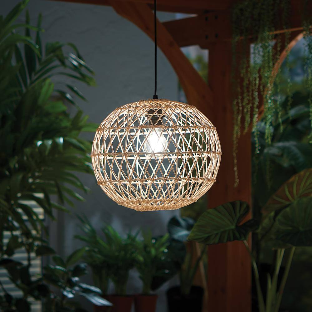 Hampton Bay Ashville 1-Light Brown Rattan Solar LED Outdoor Pendant Light with Remote Solar Panel 99100