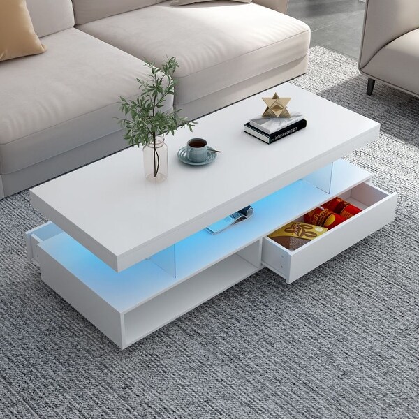 Modern Center Table with 2 Drawers LED Lights and Display Shelves