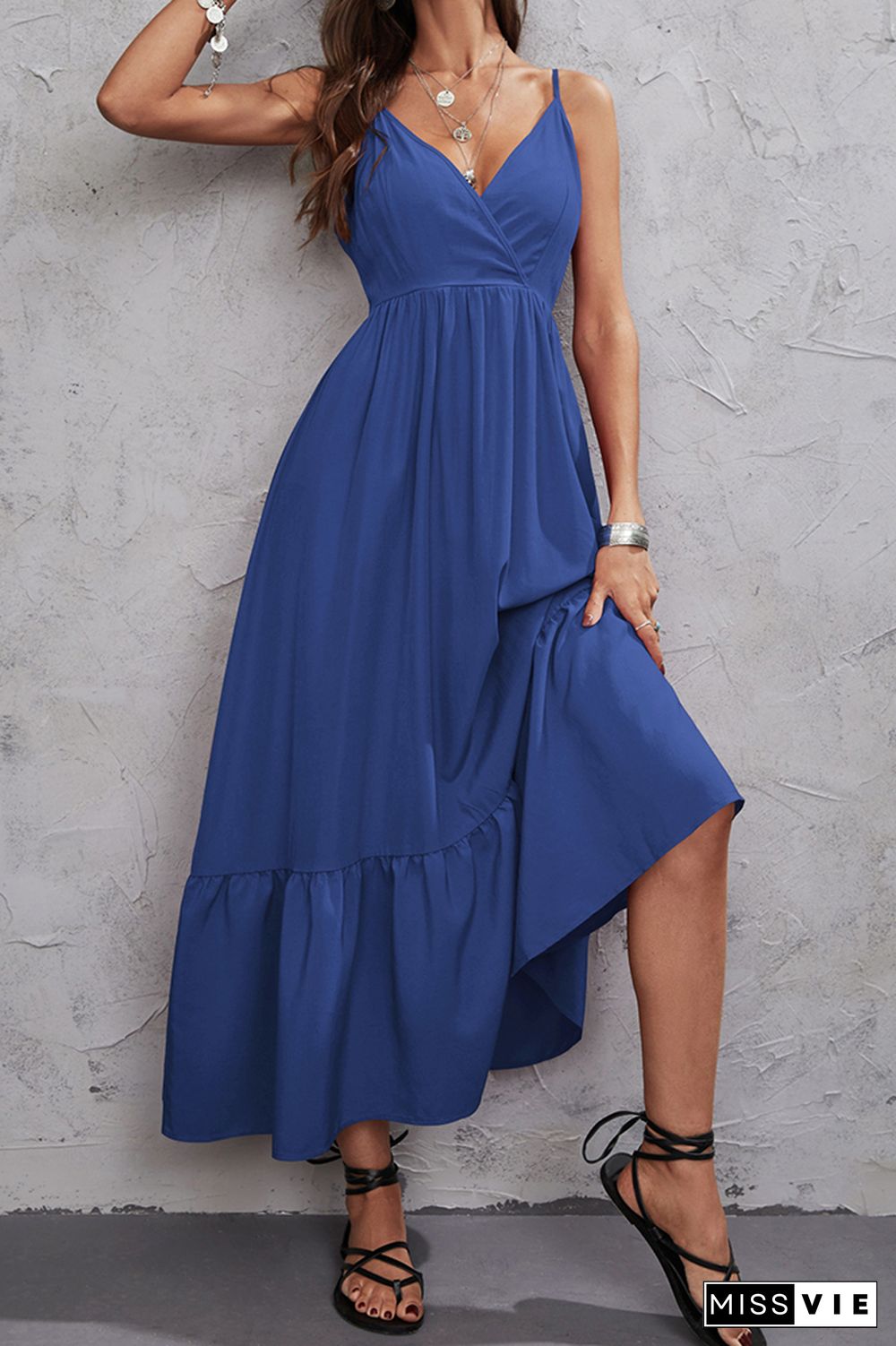 Plain Spaghetti Splicing Smocked Maxi Dress