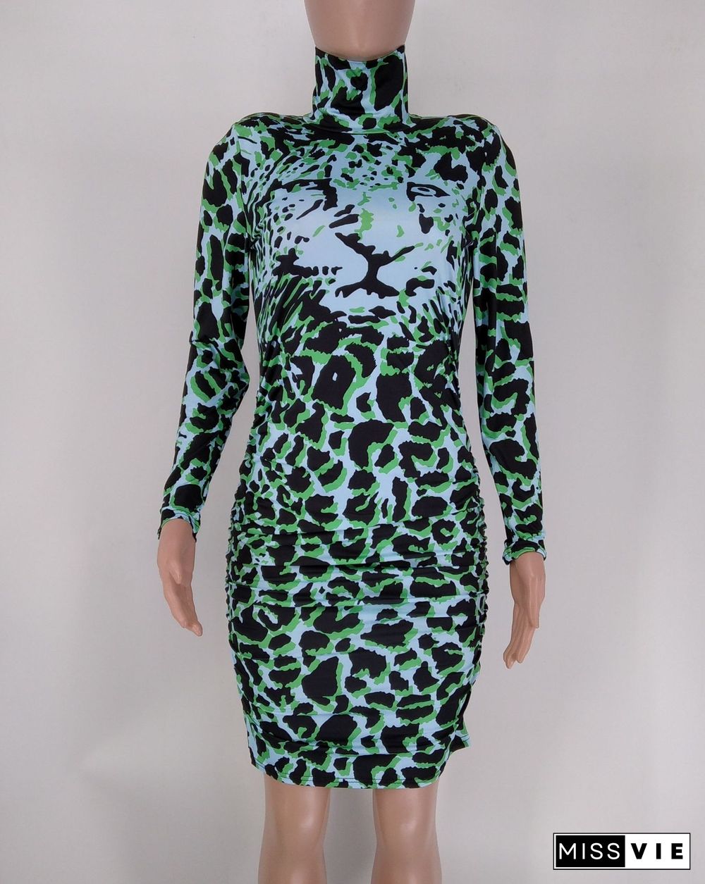 Turtleneck Long Sleeve Leopard Print Bodycon Dress