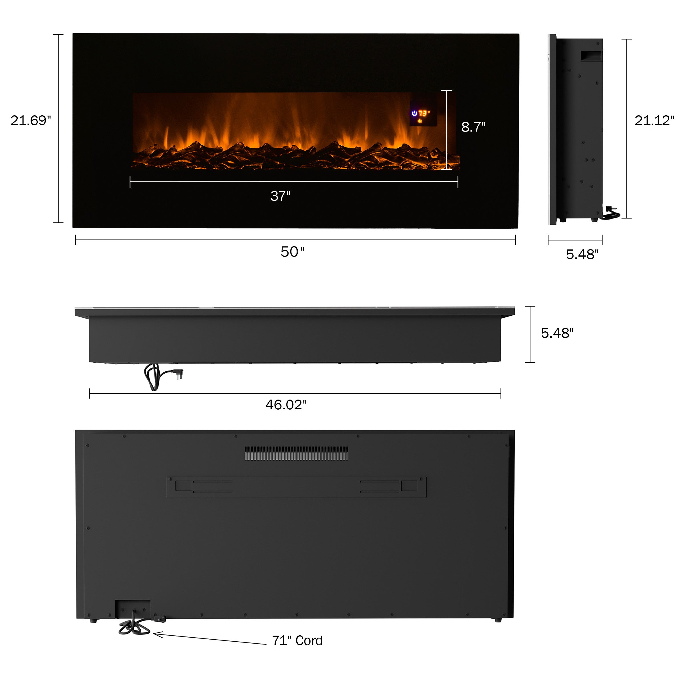 Somerset Home 50" Electric Fireplace, Wall Mount (Black)